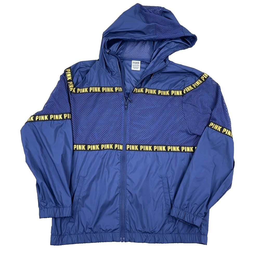 Victoria Secret Jacket Women XS Navy Blue‎ Windbreaker Mesh Spellout Baggy Y2K